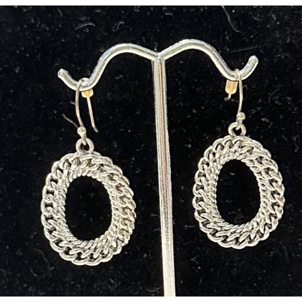 Silver Tone Round Chain Hoop Dangle Pierced Ears Earrings